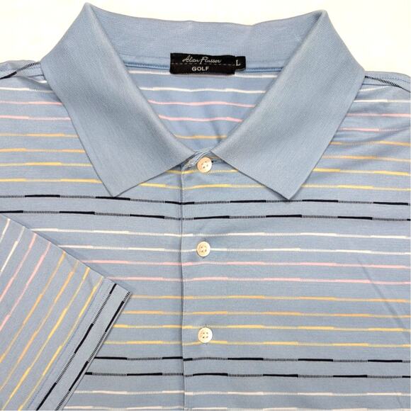 Alan Flusser Mens Golf Polo Shirt Size Large Blue Stripe Yellow Black - Picture 1 of 6